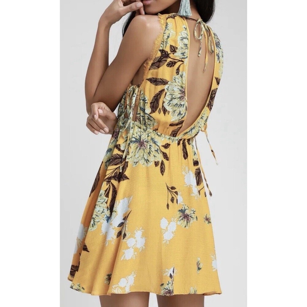 Free People "Marnie" Golden Yellow Floral Short Dress Size S Rayon Boho Floral. - Picture 4 of 16